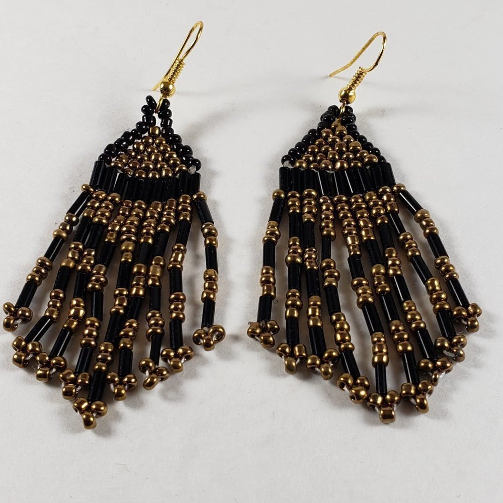 Women's Old Gold tone and Black Beaded Fringed Fishhook Teardrop Earrings
